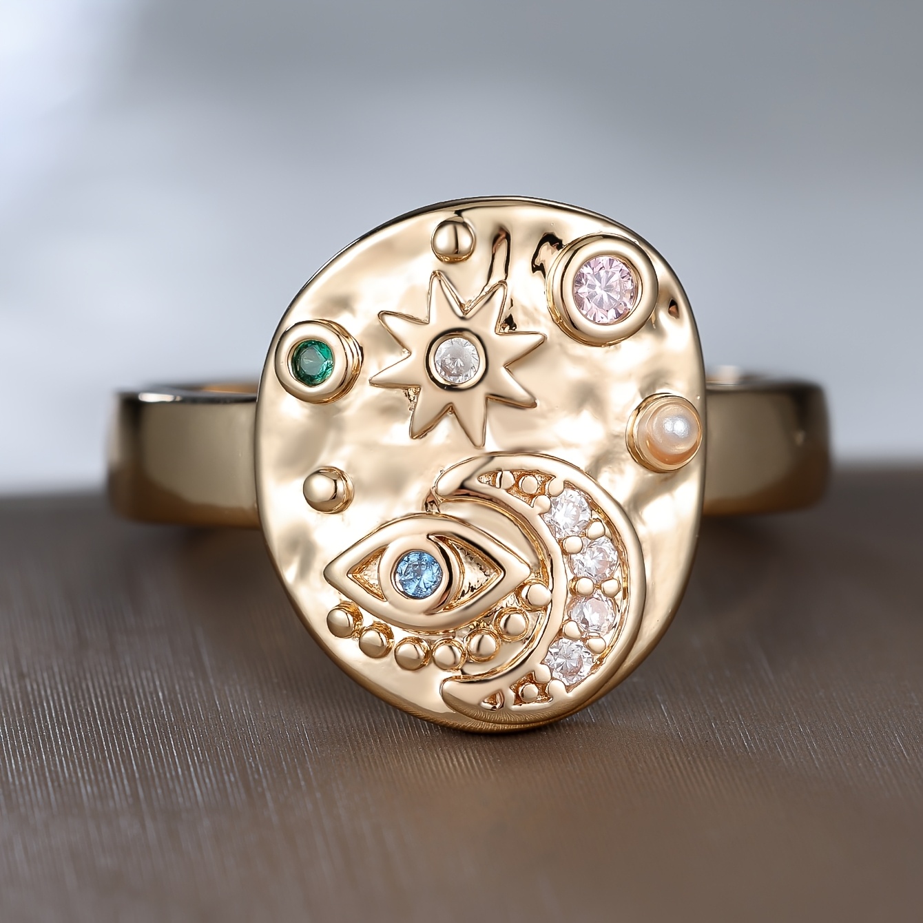 Vintage Golden Hammered Texture Star Moon Evil Eye Ring